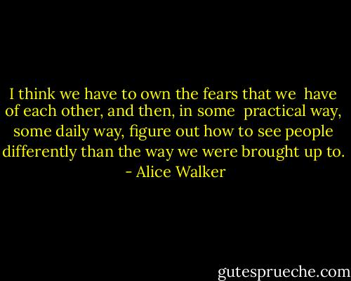 I think we have to own the fears that we <br />have of each other, and then, in some <br />practical way, some daily way, figure<br />out how to see people differently<br />than the way we were brought up to.<br /> - Alice Walker