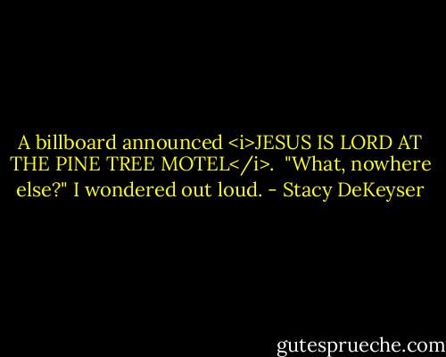 A billboard announced <i>JESUS IS LORD AT THE PINE TREE MOTEL</i>.<br /><br />"What, nowhere else?" I wondered out loud. - Stacy DeKeyser