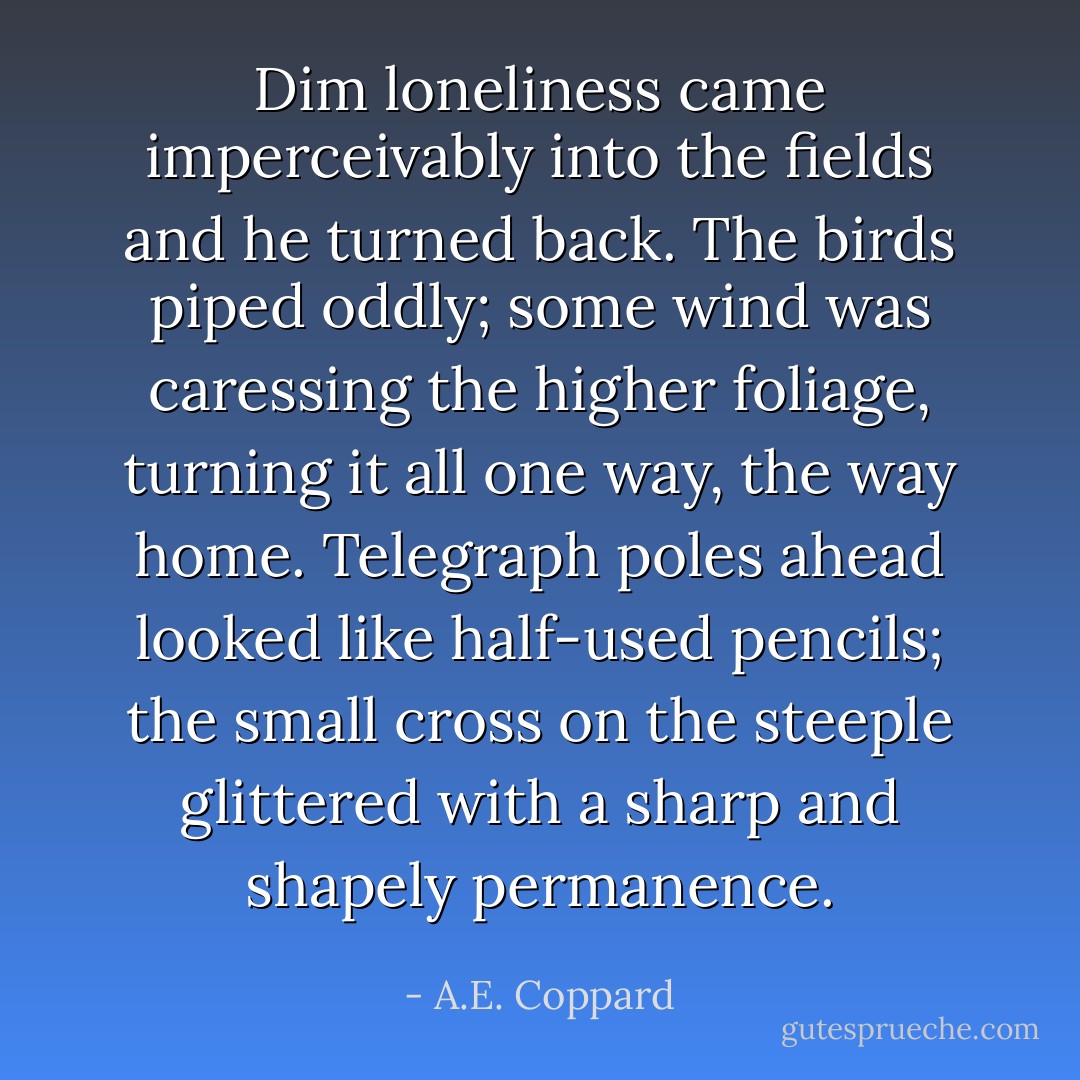 Dim loneliness came imperceivably into the fields and he turned back. The birds piped oddly; some wind was caressing the higher foliage, turning it all one way, the way home. Telegraph poles ahead looked like half-used pencils; the small cross on the steeple glittered with a sharp and shapely permanence. - A.E. Coppard