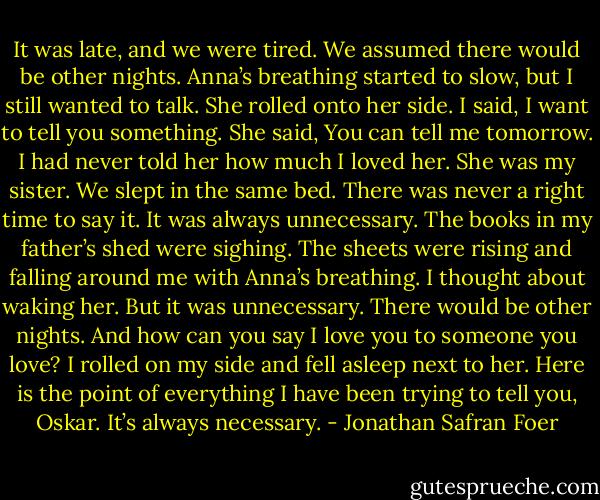 It was late, and we were tired.<br />We assumed there would be other nights.<br />Anna’s breathing started to slow, but I still wanted to talk.<br />She rolled onto her side.<br />I said, I want to tell you something.<br />She said, You can tell me tomorrow.<br />I had never told her how much I loved her.<br />She was my sister.<br />We slept in the same bed.<br />There was never a right time to say it.<br />It was always unnecessary.<br />The books in my father’s shed were sighing.<br />The sheets were rising and falling around me with Anna’s breathing.<br />I thought about waking her.<br />But it was unnecessary.<br />There would be other nights.<br />And how can you say I love you to someone you love?<br />I rolled on my side and fell asleep next to her.<br />Here is the point of everything I have been trying to tell you, Oskar.<br />It’s always necessary. - Jonathan Safran Foer