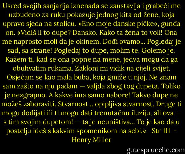 Usred svojih sanjarija iznenada se zaustavlja i grabeći me uzbuđeno za ruku pokazuje jednog kita od žene, koja upravo sjeda na stolicu. »Eno moje danske pičke«, gunđa on. »Vidiš li to dupe? Dansko. Kako ta žena to voli! Ona me naprosto moli da je okinem. Dođi ovamo... Pogledaj je sad, sa strane! Pogledaj to dupe, molim te. Golemo je. Kažem ti, kad se ona popne na mene, jedva mogu da ga obuhvatim rukama. Zakloni mi vidik na cijeli svijet. Osjećam se kao mala buba, koja gmiže u njoj. Ne znam sam zašto na nju padam — valjda zbog tog dupeta. Toliko je nezgrapno. A kakve ima samo nabore! Takvo dupe ne možeš zaboraviti. Stvarnost... opipljiva stvarnost. Druge ti mogu dodijati ili ti mogu dati trenutačnu iluziju, ali ova — s tim svojim dupetom! — ta je neuništiva... To je kao da u postelju ideš s kakvim spomenikom na sebi.« <br /> Str 111<br /> - Henry Miller