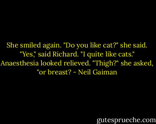 She smiled again. "Do you like cat?" she said.<br />"Yes," said Richard. "I quite like cats."<br />Anaesthesia looked relieved. "Thigh?" she asked, "or breast? - Neil Gaiman