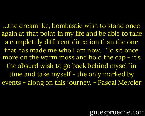 ...the dreamlike, bombastic wish to stand once again at that point in my life and be able to take a completely different direction than the one that has made me who I am now... To sit once more on the warm moss and hold the cap - it's the absurd wish to go back behind myself in time and take myself - the only marked by events - along on this journey. - Pascal Mercier