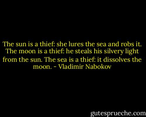 The sun is a thief: she lures the sea<br />and robs it. The moon is a thief:<br />he steals his silvery light from the sun.<br />The sea is a thief: it dissolves the moon. - Vladimir Nabokov