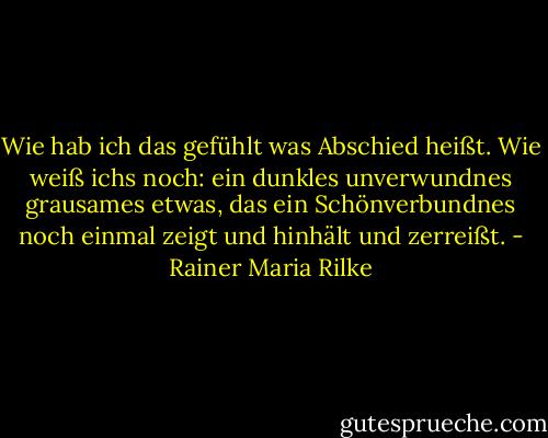 Wie hab ich das gefühlt was Abschied heißt.<br />Wie weiß ichs noch: ein dunkles unverwundnes<br />grausames etwas, das ein Schönverbundnes<br />noch einmal zeigt und hinhält und zerreißt. - Rainer Maria Rilke