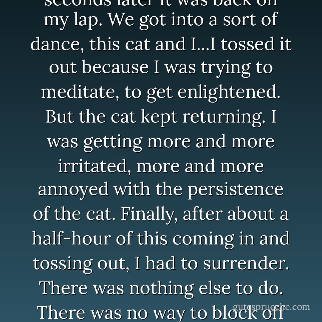 In India, I was living in a little hut, about six feet by seven feet. It had a canvas flap instead of a door. I was sitting on my bed meditating, and a cat wandered in and plopped down on my lap. I took the cat and tossed it out the door. Ten seconds later it was back on my lap. We got into a sort of dance, this cat and I...I tossed it out because I was trying to meditate, to get enlightened. But the cat kept returning. I was getting more and more irritated, more and more annoyed with the persistence of the cat. Finally, after about a half-hour of this coming in and tossing out, I had to surrender. There was nothing else to do. There was no way to block off the door. I sat there, the cat came back in, and it got on my lap. But I did not do anything. I just let go. Thirty seconds later the cat got up and walked out. So, you see, our teachers come in many forms. - Joseph Goldstein