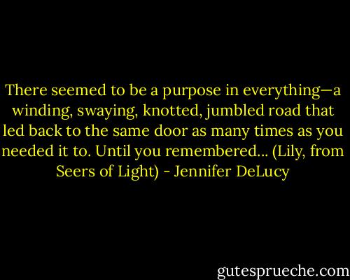 There seemed to be a purpose in everything—a winding, swaying, knotted, jumbled road that led back to the same door as many times as you needed it to. Until you remembered... (Lily, from Seers of Light) - Jennifer DeLucy