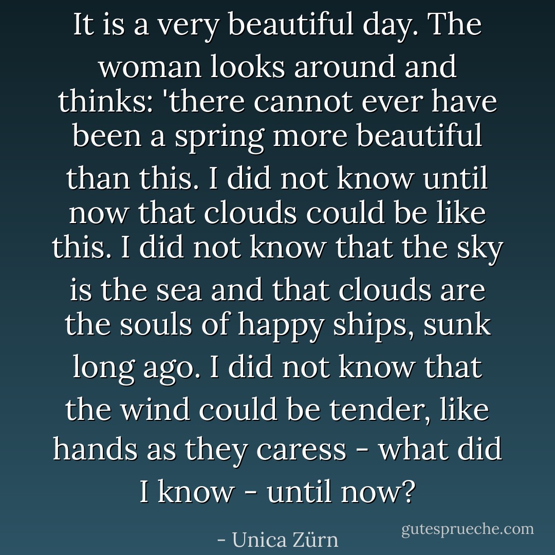 It is a very beautiful day. The woman looks around and thinks: 'there cannot ever have been a spring more beautiful than this. I did not know until now that clouds could be like this. I did not know that the sky is the sea and that clouds are the souls of happy ships, sunk long ago. I did not know that the wind could be tender, like hands as they caress - what did I know - until now? - Unica Zürn