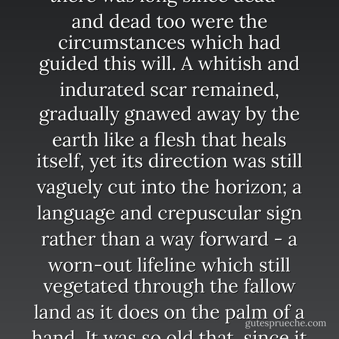 It was a fossilized path: the will which had cut this gash out of these solitary places so that the blood and sap would flow there was long since dead - and dead too were the circumstances which had guided this will. A whitish and indurated scar remained, gradually gnawed away by the earth like a flesh that heals itself, yet its direction was still vaguely cut into the horizon; a language and crepuscular sign rather than a way forward - a worn-out lifeline which still vegetated through the fallow land as it does on the palm of a hand. It was so old that, since it had been constructed, the very configuration of the land must have changed imperceptibly. - Julien Gracq
