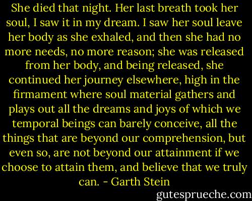She died that night. Her last breath took her soul, I saw it in my dream. I saw her soul leave her body as she exhaled, and then she had no more needs, no more reason; she was released from her body, and being released, she continued her journey elsewhere, high in the firmament where soul material gathers and plays out all the dreams and joys of which we temporal beings can barely conceive, all the things that are beyond our comprehension, but even so, are not beyond our attainment if we choose to attain them, and believe that we truly can. - Garth Stein