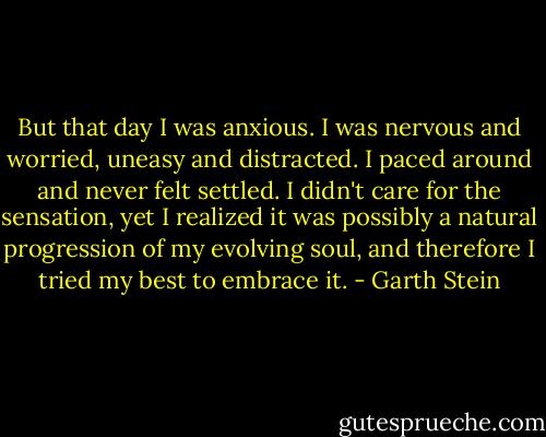But that day I was anxious. I was nervous and worried, uneasy and distracted. I paced around and never felt settled. I didn't care for the sensation, yet I realized it was possibly a natural progression of my evolving soul, and therefore I tried my best to embrace it. - Garth Stein