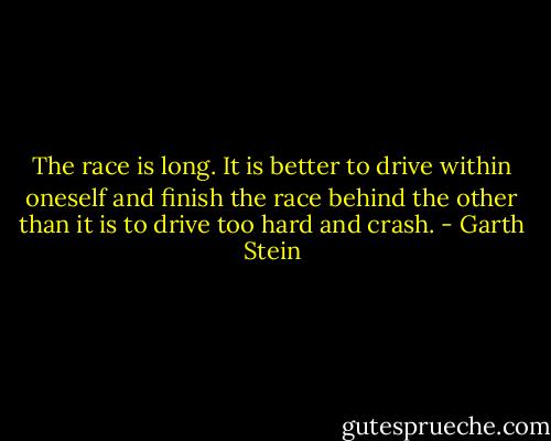 The race is long. It is better to drive within oneself and finish the race behind the other than it is to drive too hard and crash. - Garth Stein