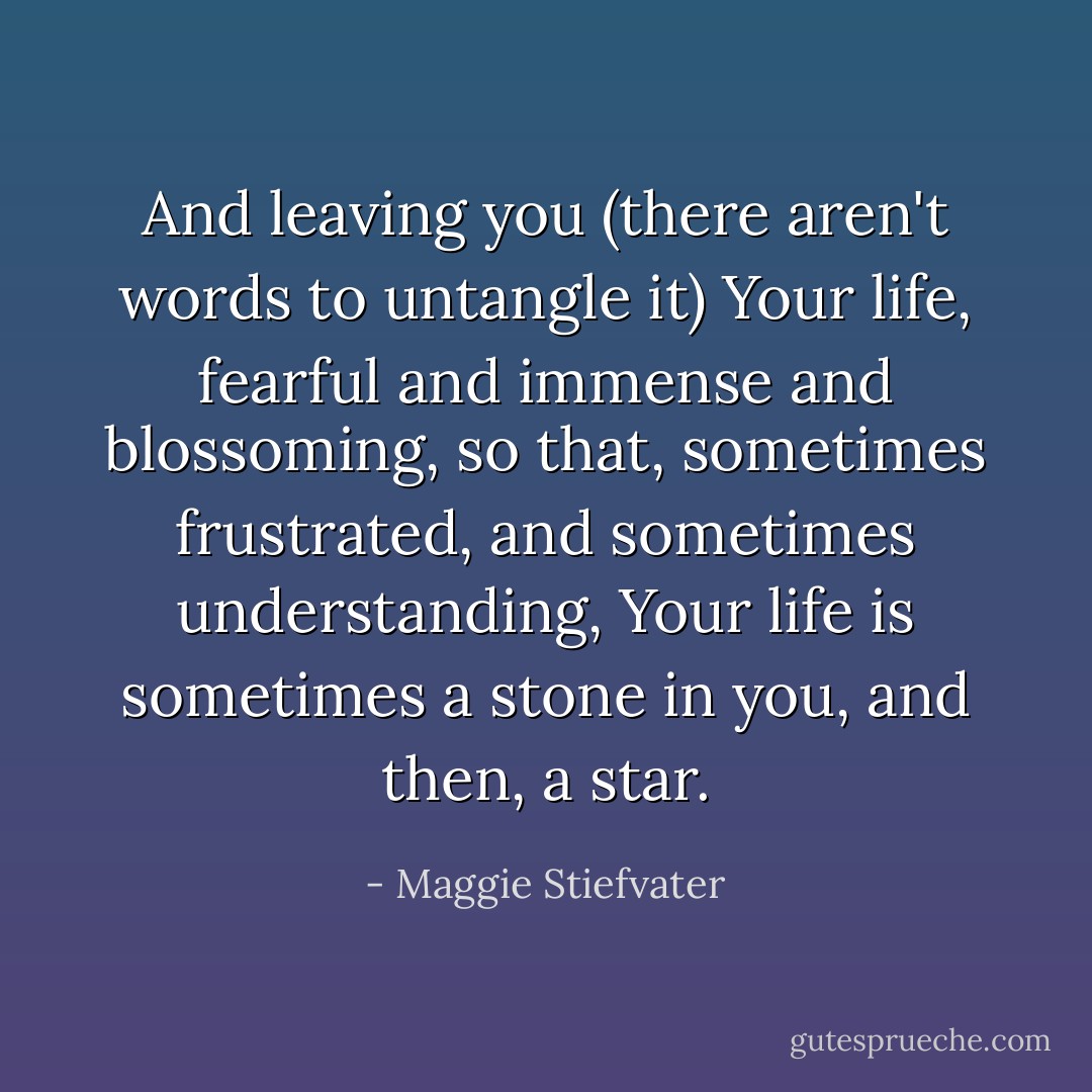 And leaving you (there aren't words to untangle it)<br />Your life, fearful and immense and blossoming,<br />so that, sometimes frustrated, and sometimes understanding,<br />Your life is sometimes a stone in you, and then, a star. - Maggie Stiefvater