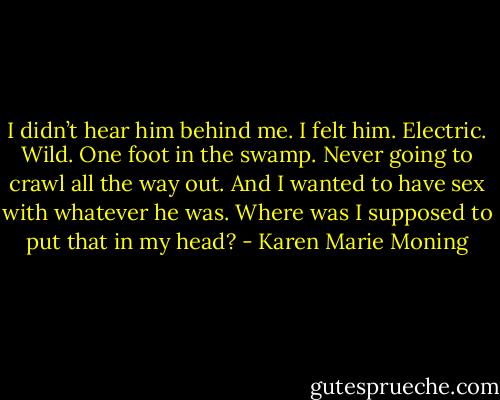 I didn’t hear him behind me. I felt him. Electric. Wild. One foot in the swamp. Never going to crawl all the way out.<br />And I wanted to have sex with whatever he was. Where was I supposed to put that in my head? - Karen Marie Moning
