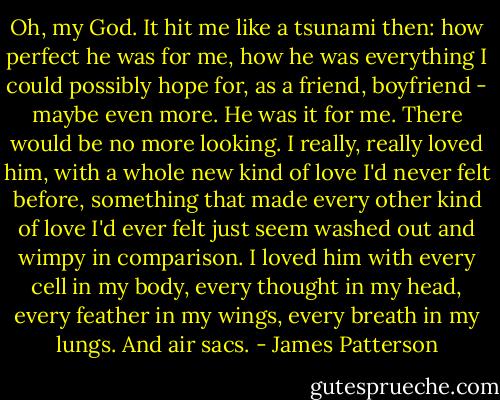 Oh, my God. It hit me like a tsunami then: how perfect he was for me, how he was everything I could possibly hope for, as a friend, boyfriend - maybe even more. He was it for me. There would be no more looking. I really, really loved him, with a whole new kind of love I'd never felt before, something that made every other kind of love I'd ever felt just seem washed out and wimpy in comparison. I loved him with every cell in my body, every thought in my head, every feather in my wings, every breath in my lungs. And air sacs. - James Patterson