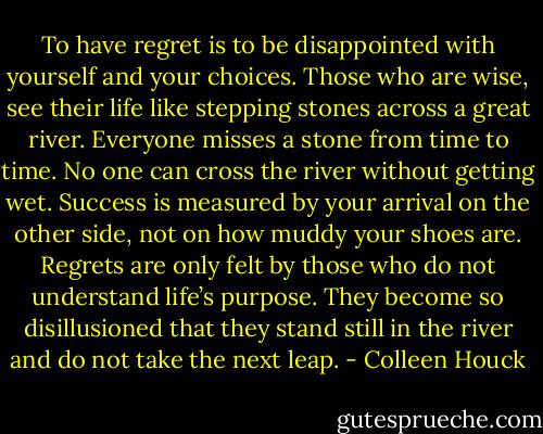 To have regret is to be disappointed with yourself and your choices. Those who are wise, see their life like stepping stones across a great river. Everyone misses a stone from time to time. No one can cross the river without getting wet. Success is measured by your arrival on the other side, not on how muddy your shoes are. Regrets are only felt by those who do not understand life’s purpose. They become so disillusioned that they stand still in the river and do not take the next leap. - Colleen Houck