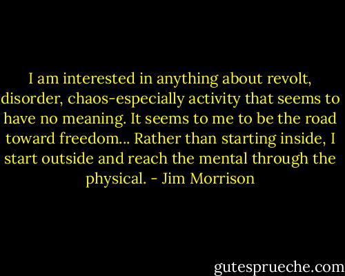 I am interested in anything about revolt, disorder, chaos-especially activity that seems to have no meaning. It seems to me to be the road toward freedom... Rather than starting inside, I start outside and reach the mental through the physical. - Jim Morrison