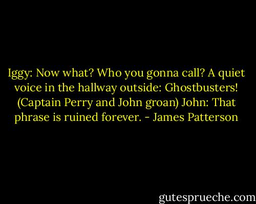 Iggy: Now what? Who you gonna call?<br />A quiet voice in the hallway outside: Ghostbusters!<br />(Captain Perry and John groan)<br />John: That phrase is ruined forever. - James Patterson