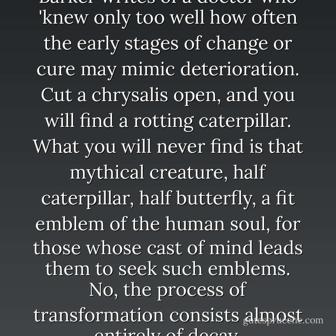 In her novel Regeneration, Pat Barker writes of a doctor who 'knew only too well how often the early stages of change or cure may mimic deterioration. Cut a chrysalis open, and you will find a rotting caterpillar. What you will never find is that mythical creature, half caterpillar, half butterfly, a fit emblem of the human soul, for those whose cast of mind leads them to seek such emblems. No, the process of transformation consists almost entirely of decay. - Rebecca Solnit