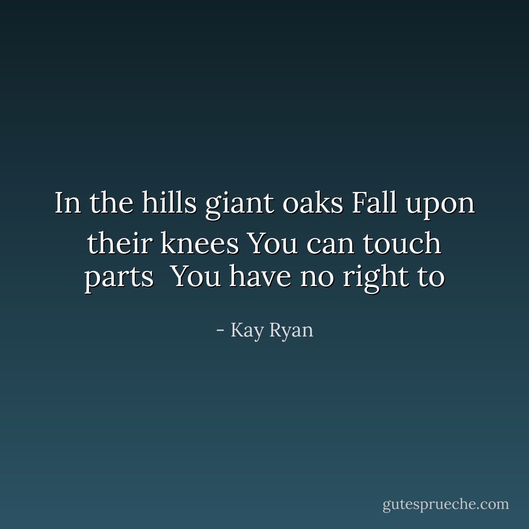In the hills giant oaks<br />Fall upon their knees<br />You can touch parts <br />You have no right to - Kay Ryan