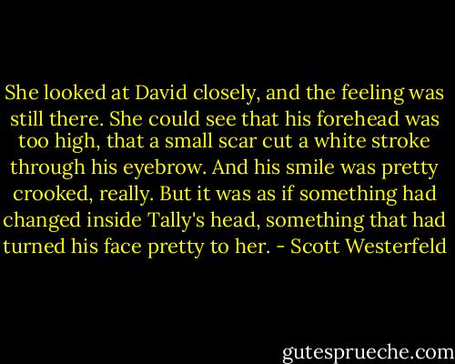 She looked at David closely, and the feeling was still there. She could see that his forehead was too high, that a small scar cut a white stroke through his eyebrow. And his smile was pretty crooked, really. But it was as if something had changed inside Tally's head, something that had turned his face pretty to her. - Scott Westerfeld