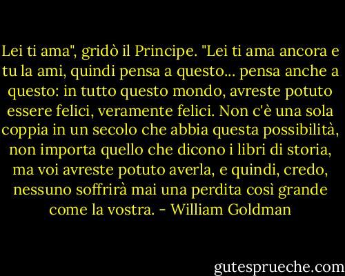 Lei ti ama", gridò il Principe. "Lei ti ama ancora e tu la ami, quindi pensa a questo... pensa anche a questo: in tutto questo mondo, avreste potuto essere felici, veramente felici. Non c'è una sola coppia in un secolo che abbia questa possibilità, non importa quello che dicono i libri di storia, ma voi avreste potuto averla, e quindi, credo, nessuno soffrirà mai una perdita così grande come la vostra. - William Goldman