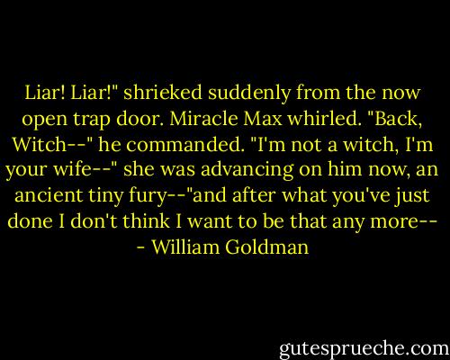 Liar! Liar!" shrieked suddenly from the now open trap door.<br />Miracle Max whirled. "Back, Witch--" he commanded.<br />"I'm not a witch, I'm your wife--" she was advancing on him now, an ancient tiny fury--"and after what you've just done I don't think I want to be that any more-- - William Goldman