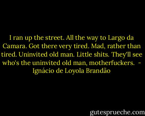 I ran up the street. All the way to Largo da Camara. Got there very tired. Mad, rather than tired. Uninvited old man. Little shits. They'll see who's the uninvited old man, motherfuckers.  - Ignácio de Loyola Brandão