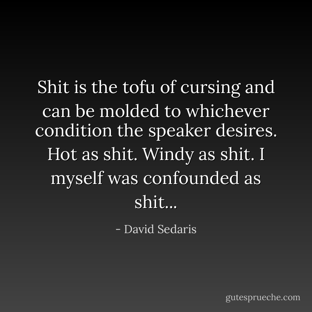 Shit is the tofu of cursing and can be molded to whichever condition the speaker desires. Hot as shit. Windy as shit. I myself was confounded as shit... - David Sedaris