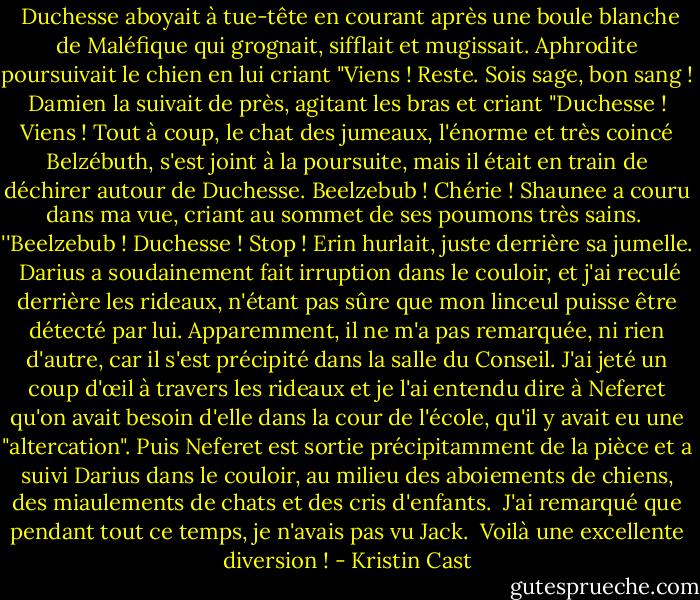  Duchesse aboyait à tue-tête en courant après une boule blanche de Maléfique qui grognait, sifflait et mugissait. Aphrodite poursuivait le chien en lui criant "Viens ! Reste. Sois sage, bon sang ! Damien la suivait de près, agitant les bras et criant "Duchesse ! Viens ! Tout à coup, le chat des jumeaux, l'énorme et très coincé Belzébuth, s'est joint à la poursuite, mais il était en train de déchirer autour de Duchesse. Beelzebub ! Chérie ! Shaunee a couru dans ma vue, criant au sommet de ses poumons très sains.<br /> ''Beelzebub ! Duchesse ! Stop ! Erin hurlait, juste derrière sa jumelle.<br /> Darius a soudainement fait irruption dans le couloir, et j'ai reculé derrière les rideaux, n'étant pas sûre que mon linceul puisse être détecté par lui. Apparemment, il ne m'a pas remarquée, ni rien d'autre, car il s'est précipité dans la salle du Conseil. J'ai jeté un coup d'œil à travers les rideaux et je l'ai entendu dire à Neferet qu'on avait besoin d'elle dans la cour de l'école, qu'il y avait eu une "altercation". Puis Neferet est sortie précipitamment de la pièce et a suivi Darius dans le couloir, au milieu des aboiements de chiens, des miaulements de chats et des cris d'enfants.<br /> J'ai remarqué que pendant tout ce temps, je n'avais pas vu Jack.<br /> Voilà une excellente diversion ! - Kristin Cast