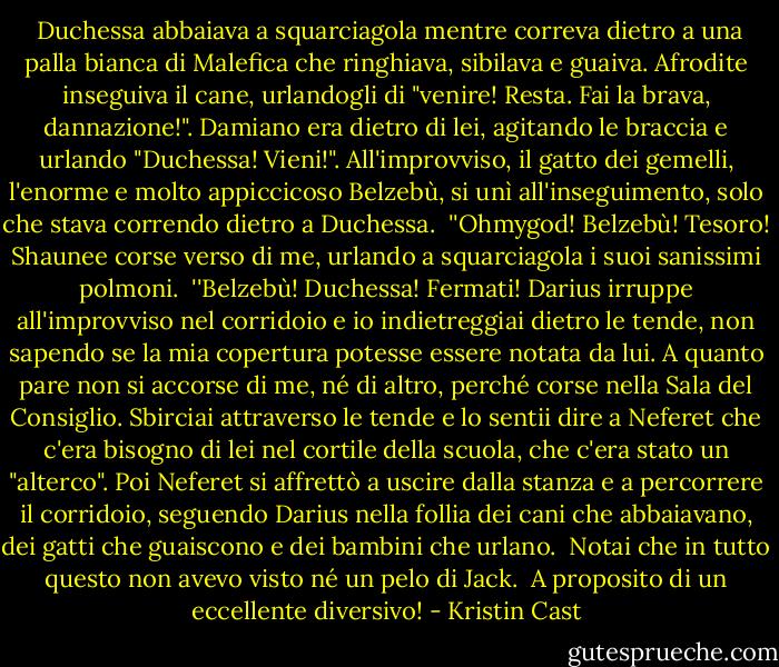  Duchessa abbaiava a squarciagola mentre correva dietro a una palla bianca di Malefica che ringhiava, sibilava e guaiva. Afrodite inseguiva il cane, urlandogli di "venire! Resta. Fai la brava, dannazione!". Damiano era dietro di lei, agitando le braccia e urlando "Duchessa! Vieni!". All'improvviso, il gatto dei gemelli, l'enorme e molto appiccicoso Belzebù, si unì all'inseguimento, solo che stava correndo dietro a Duchessa.<br /> ''Ohmygod! Belzebù! Tesoro! Shaunee corse verso di me, urlando a squarciagola i suoi sanissimi polmoni.<br /> ''Belzebù! Duchessa! Fermati! Darius irruppe all'improvviso nel corridoio e io indietreggiai dietro le tende, non sapendo se la mia copertura potesse essere notata da lui. A quanto pare non si accorse di me, né di altro, perché corse nella Sala del Consiglio. Sbirciai attraverso le tende e lo sentii dire a Neferet che c'era bisogno di lei nel cortile della scuola, che c'era stato un "alterco". Poi Neferet si affrettò a uscire dalla stanza e a percorrere il corridoio, seguendo Darius nella follia dei cani che abbaiavano, dei gatti che guaiscono e dei bambini che urlano.<br /> Notai che in tutto questo non avevo visto né un pelo di Jack.<br /> A proposito di un eccellente diversivo! - Kristin Cast