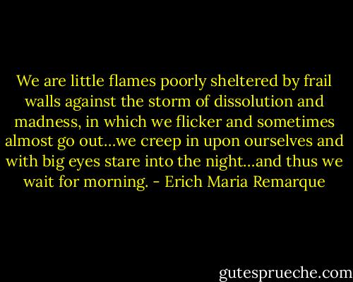 We are little flames poorly sheltered by frail walls against the storm of dissolution and madness, in which we flicker and sometimes almost go out…we creep in upon ourselves and with big eyes stare into the night…and thus we wait for morning. - Erich Maria Remarque