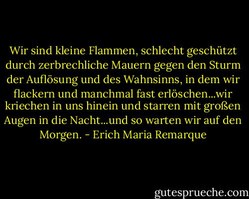 Wir sind kleine Flammen, schlecht geschützt durch zerbrechliche Mauern gegen den Sturm der Auflösung und des Wahnsinns, in dem wir flackern und manchmal fast erlöschen...wir kriechen in uns hinein und starren mit großen Augen in die Nacht...und so warten wir auf den Morgen. - Erich Maria Remarque<