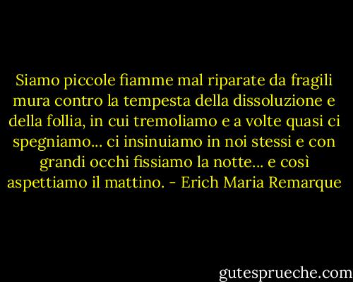 Siamo piccole fiamme mal riparate da fragili mura contro la tempesta della dissoluzione e della follia, in cui tremoliamo e a volte quasi ci spegniamo... ci insinuiamo in noi stessi e con grandi occhi fissiamo la notte... e così aspettiamo il mattino. - Erich Maria Remarque