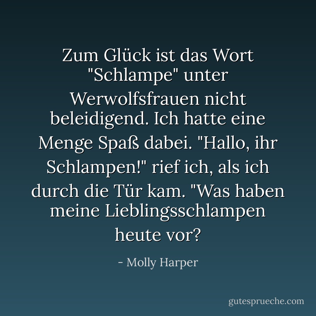 Zum Glück ist das Wort "Schlampe" unter Werwolfsfrauen nicht beleidigend. Ich hatte eine Menge Spaß dabei.<br />"Hallo, ihr Schlampen!" rief ich, als ich durch die Tür kam. "Was haben meine Lieblingsschlampen heute vor? - Molly Harper<