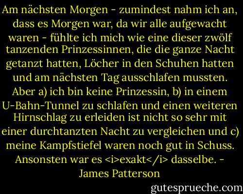 Am nächsten Morgen - zumindest nahm ich an, dass es Morgen war, da wir alle aufgewacht waren - fühlte ich mich wie eine dieser zwölf tanzenden Prinzessinnen, die die ganze Nacht getanzt hatten, Löcher in den Schuhen hatten und am nächsten Tag ausschlafen mussten. Aber a) ich bin keine Prinzessin, b) in einem U-Bahn-Tunnel zu schlafen und einen weiteren Hirnschlag zu erleiden ist nicht so sehr mit einer durchtanzten Nacht zu vergleichen und c) meine Kampfstiefel waren noch gut in Schuss. Ansonsten war es <i>exakt</i> dasselbe. - James Patterson<