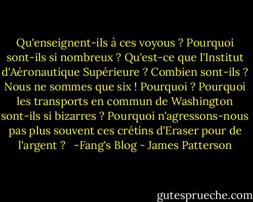 Qu'enseignent-ils à ces voyous ? Pourquoi sont-ils si nombreux ? Qu'est-ce que l'Institut d'Aéronautique Supérieure ? Combien sont-ils ? Nous ne sommes que six ! Pourquoi ? Pourquoi les transports en commun de Washington sont-ils si bizarres ? Pourquoi n'agressons-nous pas plus souvent ces crétins d'Eraser pour de l'argent ? <br /><br />-Fang's Blog - James Patterson