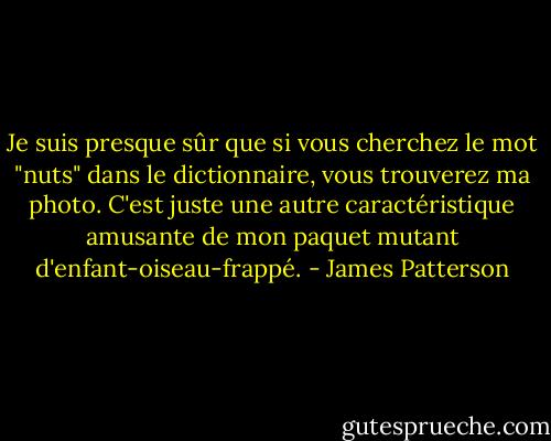 Je suis presque sûr que si vous cherchez le mot "nuts" dans le dictionnaire, vous trouverez ma photo. C'est juste une autre caractéristique amusante de mon paquet mutant d'enfant-oiseau-frappé. - James Patterson