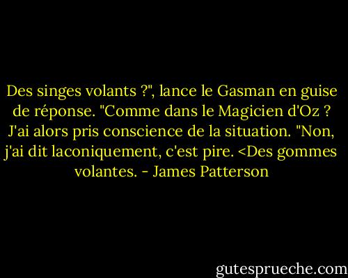 Des singes volants ?", lance le Gasman en guise de réponse. "Comme dans le Magicien d'Oz ? J'ai alors pris conscience de la situation. "Non, j'ai dit laconiquement, c'est pire. <Des gommes volantes. - James Patterson