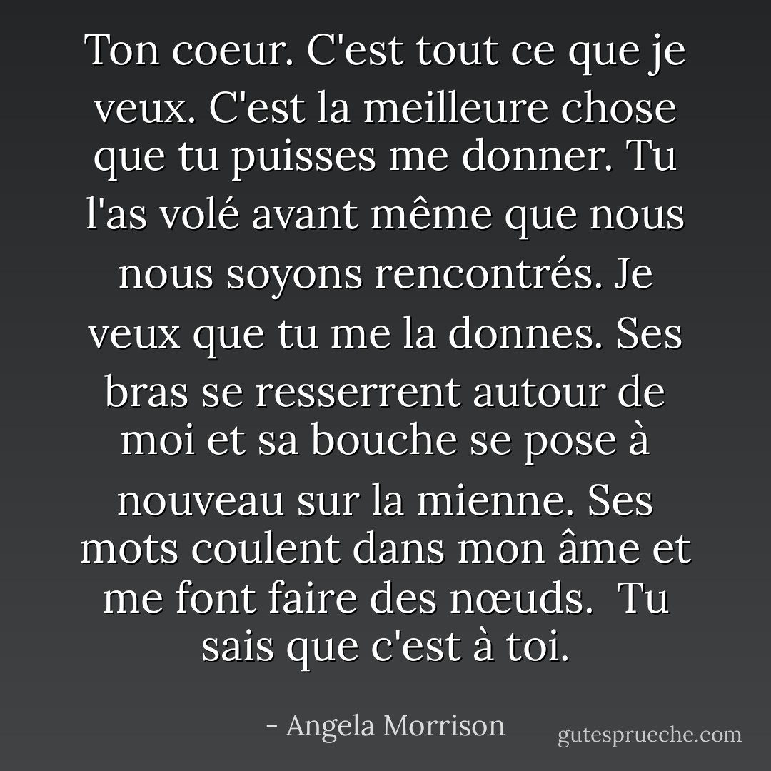 Ton coeur. C'est tout ce que je veux. C'est la meilleure chose que tu puisses me donner. Tu l'as volé avant même que nous nous soyons rencontrés. Je veux que tu me la donnes. Ses bras se resserrent autour de moi et sa bouche se pose à nouveau sur la mienne. Ses mots coulent dans mon âme et me font faire des nœuds. <br />Tu sais que c'est à toi. - Angela Morrison