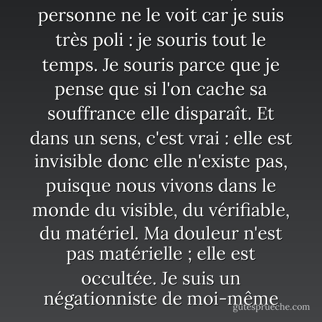 Ma vie est un désastre, mais personne ne le voit car je suis très poli : je souris tout le temps. Je souris parce que je pense que si l'on cache sa souffrance elle disparaît. Et dans un sens, c'est vrai : elle est invisible donc elle n'existe pas, puisque nous vivons dans le monde du visible, du vérifiable, du matériel. Ma douleur n'est pas matérielle ; elle est occultée. Je suis un négationniste de moi-même - Frédéric Beigbeder
