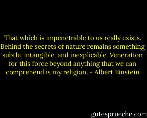 That which is impenetrable to us really exists. Behind the secrets of nature remains something subtle, intangible, and inexplicable. Veneration for this force beyond anything that we can comprehend is my religion. - Albert Einstein