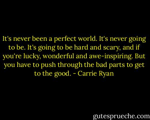 It's never been a perfect world. It's never going to be. It's going to be hard and scary, and if you're lucky, wonderful and awe-inspiring. But you have to push through the bad parts to get to the good. - Carrie Ryan