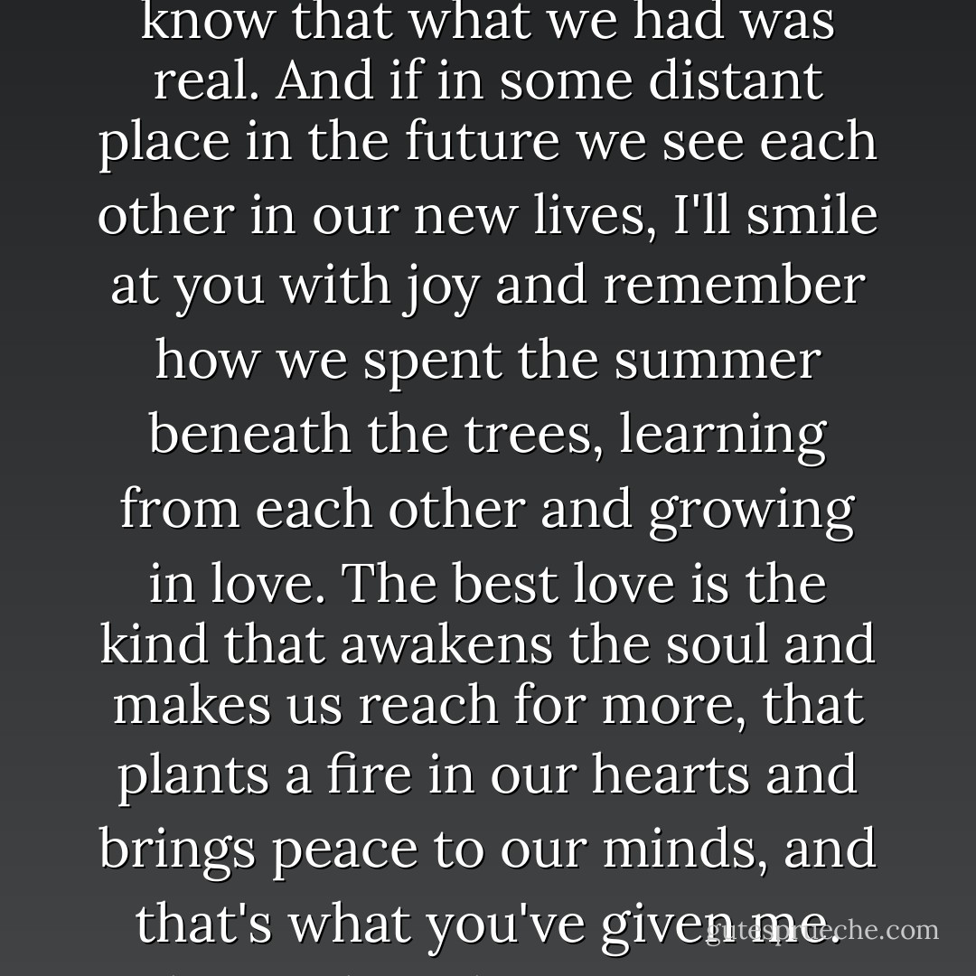 My Dearest Allie. I couldn't sleep last night because I know that it's over between us. I'm not bitter anymore, because I know that what we had was real. And if in some distant place in the future we see each other in our new lives, I'll smile at you with joy and remember how we spent the summer beneath the trees, learning from each other and growing in love. The best love is the kind that awakens the soul and makes us reach for more, that plants a fire in our hearts and brings peace to our minds, and that's what you've given me. That's what I hope to give to you forever. I love you. I'll be seeing you. Noah - Nicholas Sparks