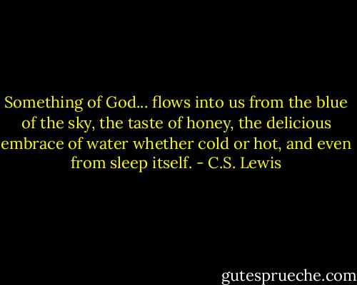 Something of God... flows into us from the blue of the sky, the taste of honey, the delicious embrace of water whether cold or hot, and even from sleep itself. - C.S. Lewis
