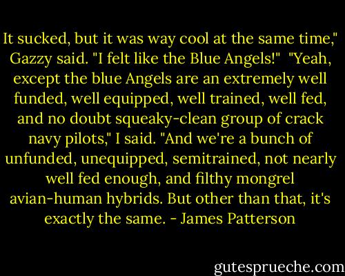 It sucked, but it was way cool at the same time," Gazzy said. "I felt like the Blue Angels!"<br /> "Yeah, except the blue Angels are an extremely well funded, well equipped, well trained, well fed, and no doubt squeaky-clean group of crack navy pilots," I said. "And we're a bunch of unfunded, unequipped, semitrained, not nearly well fed enough, and filthy mongrel avian-human hybrids. But other than that, it's exactly the same. - James Patterson