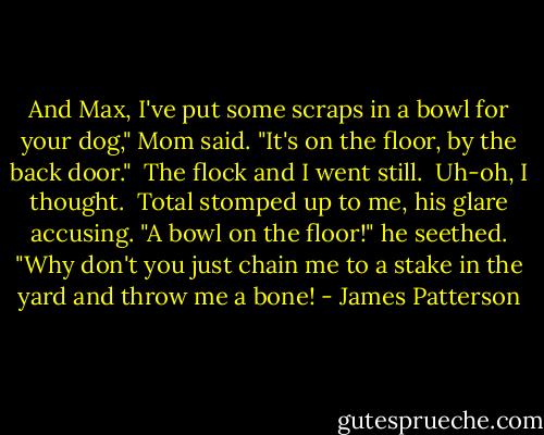 And Max, I've put some scraps in a bowl for your dog," Mom said. "It's on the floor, by the back door."<br /> The flock and I went still.<br /> Uh-oh, I thought.<br /> Total stomped up to me, his glare accusing. "A bowl on the floor!" he seethed. "Why don't you just chain me to a stake in the yard and throw me a bone! - James Patterson
