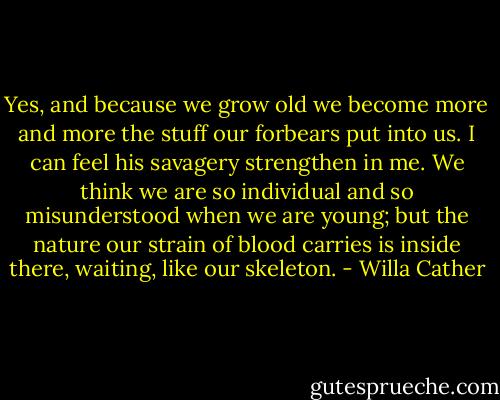 Yes, and because we grow old we become more and more the stuff our forbears put into us. I can feel his savagery strengthen in me. We think we are so individual and so misunderstood when we are young; but the nature our strain of blood carries is inside there, waiting, like our skeleton. - Willa Cather