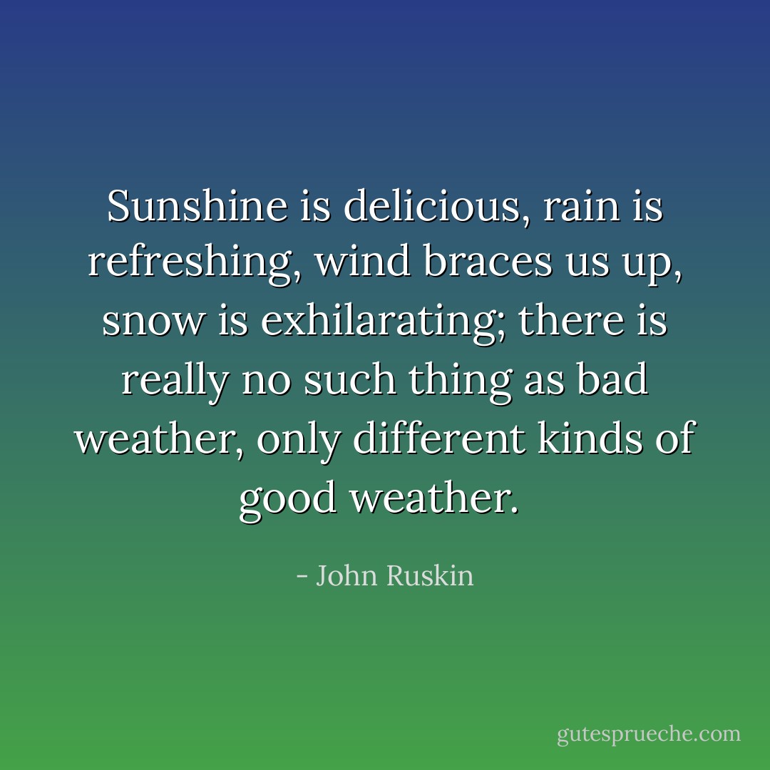 Sunshine is delicious, rain is refreshing, wind braces us up, snow is exhilarating; there is really no such thing as bad weather, only different kinds of good weather.  - John Ruskin