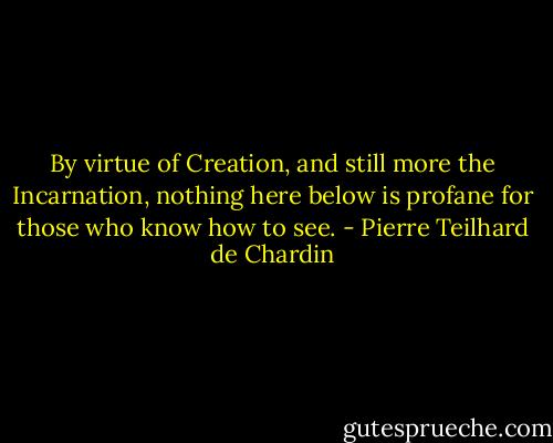 By virtue of Creation, and still more the Incarnation, nothing here below is profane for those who know how to see. - Pierre Teilhard de Chardin
